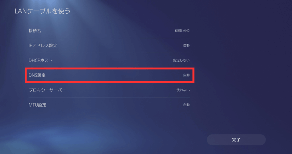 DNSを手動に切り替えて「プライマリーDNS」と「セカンダリーDNS」を入力する